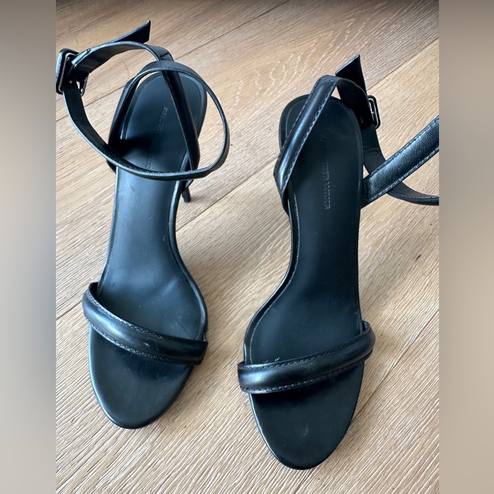 Alexander Wang black leather ankle wrap high heel 4” sandal